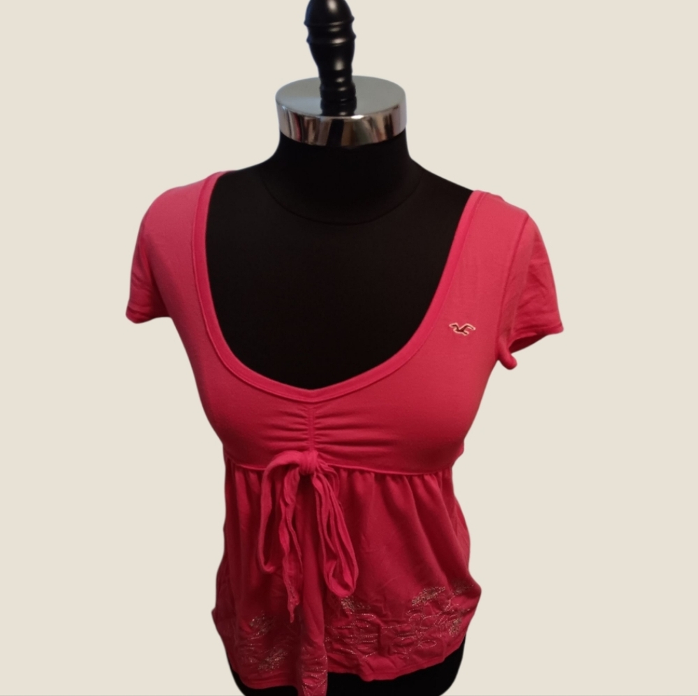 Hollister Pink Metallic Embroidered Sequin Embellished Babydoll Top Y2k RARE